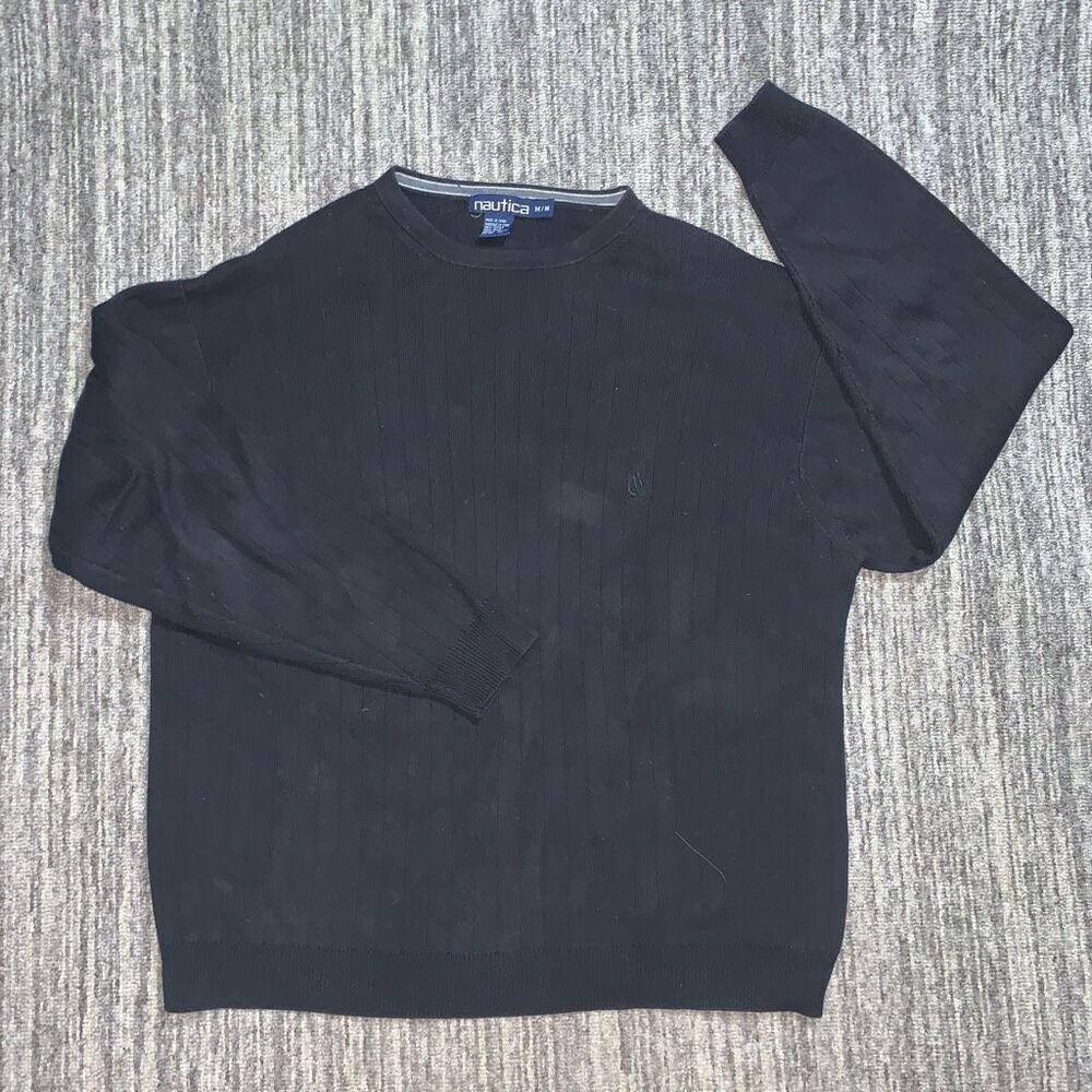 Nautica Mens Size Medium Pullover Sweater Navy Black Ribbed 100% Cotton Crewneck
